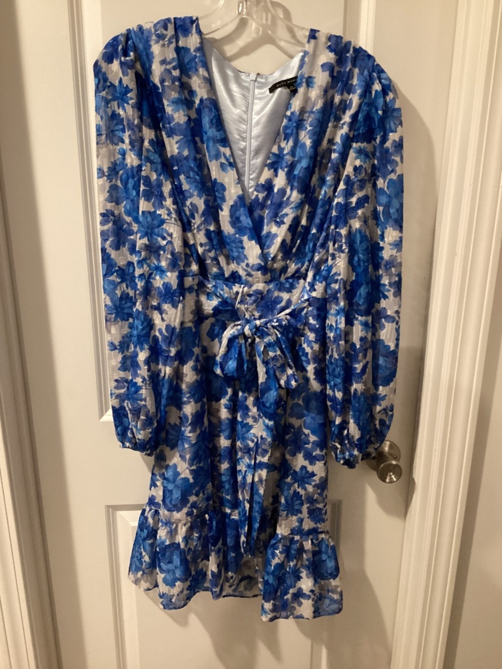 Alex Marie beautiful multi colored dress, blue, silvery grey, w/ sash at waist.